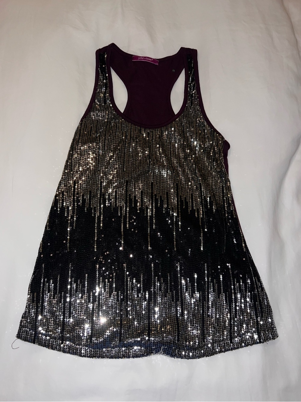 julie's closet Black, Gold and Silver Sequin Racerback Tank in Plum